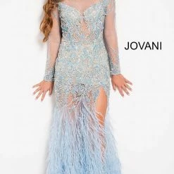 Backless Dresses Jovani 37580 Sheer Embellished Pageant Dress Long Sleeve Feather Slit Gown Formal