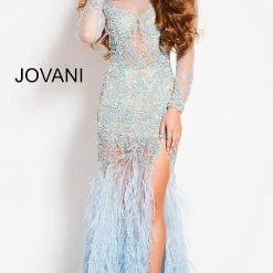 Backless Dresses Jovani 37580 Sheer Embellished Pageant Dress Long Sleeve Feather Slit Gown Formal