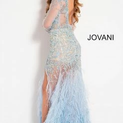 Backless Dresses Jovani 37580 Sheer Embellished Pageant Dress Long Sleeve Feather Slit Gown Formal