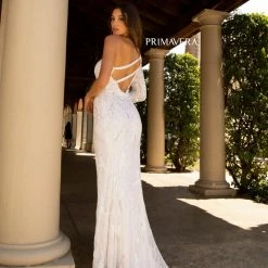 In Stock Primavera Couture 3759 Size 2 Pink One Long Sleeve Prom Dress Sequined Evening Gown Slit Backless Dresses