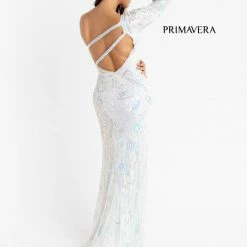 In Stock Primavera Couture 3759 Size 2 Pink One Long Sleeve Prom Dress Sequined Evening Gown Slit Backless Dresses