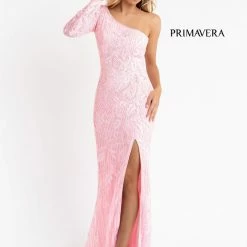 Backless Dresses Primavera Couture 3759 One Long Sleeve Prom Dress Sequined Evening Gown Slit