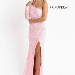 In Stock Primavera Couture 3759 Size 2 Pink One Long Sleeve Prom Dress Sequined Evening Gown Slit Backless Dresses