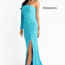 In Stock Primavera Couture 3759 Size 2 Pink One Long Sleeve Prom Dress Sequined Evening Gown Slit Backless Dresses