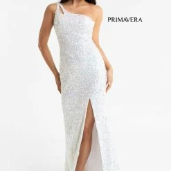 In Stock Backless Dresses Primavera Couture 3761 Size 0 One Shoulder Prom Dress Pink Sequin Double Strap Back Slit Train