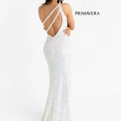 In Stock Backless Dresses Primavera Couture 3761 Size 0 One Shoulder Prom Dress Pink Sequin Double Strap Back Slit Train