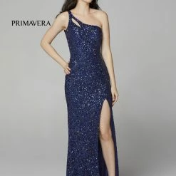 In Stock Backless Dresses Primavera Couture 3761 Size 0 One Shoulder Prom Dress Pink Sequin Double Strap Back Slit Train
