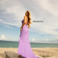 Primavera Couture 3761 One Shoulder Prom Dress Sequin Double Strap Back Slit Train Backless Dresses