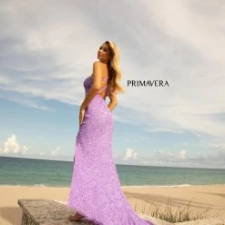 In Stock Backless Dresses Primavera Couture 3761 Size 0 One Shoulder Prom Dress Pink Sequin Double Strap Back Slit Train