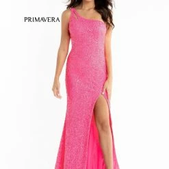 In Stock Backless Dresses Primavera Couture 3761 Size 0 One Shoulder Prom Dress Pink Sequin Double Strap Back Slit Train