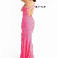 In Stock Backless Dresses Primavera Couture 3761 Size 0 One Shoulder Prom Dress Pink Sequin Double Strap Back Slit Train