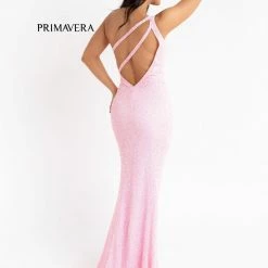 In Stock Backless Dresses Primavera Couture 3761 Size 0 One Shoulder Prom Dress Pink Sequin Double Strap Back Slit Train