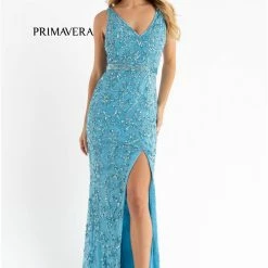 Primavera Couture 3764 Long Beaded Prom Dress V Neckline V Open Back Slit Sweeping Train Backless Dresses