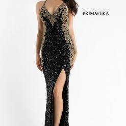 In Stock Primavera Couture 3765 Size 12 Sequined Prom Dress With Bead Trimmed V Neckline Slit Train