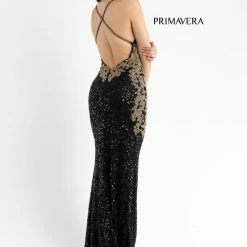 In Stock Primavera Couture 3765 Size 12 Sequined Prom Dress With Bead Trimmed V Neckline Slit Train