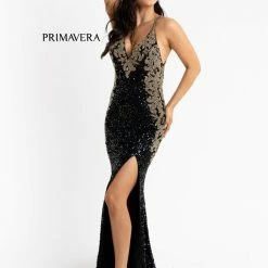In Stock Primavera Couture 3765 Size 12 Sequined Prom Dress With Bead Trimmed V Neckline Slit Train