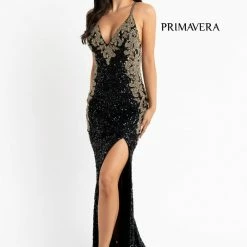 In Stock Primavera Couture 3765 Size 12 Sequined Prom Dress With Bead Trimmed V Neckline Slit Train
