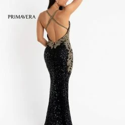 In Stock Primavera Couture 3765 Size 12 Sequined Prom Dress With Bead Trimmed V Neckline Slit Train