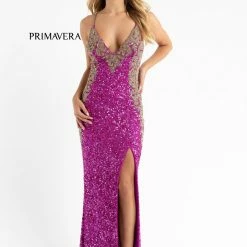 In Stock Primavera Couture 3765 Size 12 Sequined Prom Dress With Bead Trimmed V Neckline Slit Train