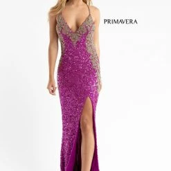 In Stock Primavera Couture 3765 Size 12 Sequined Prom Dress With Bead Trimmed V Neckline Slit Train