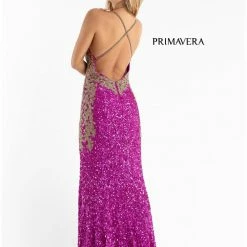 In Stock Primavera Couture 3765 Size 12 Sequined Prom Dress With Bead Trimmed V Neckline Slit Train