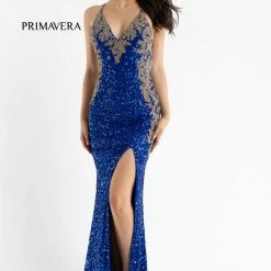 In Stock Primavera Couture 3765 Size 12 Sequined Prom Dress With Bead Trimmed V Neckline Slit Train