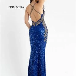 In Stock Primavera Couture 3765 Size 12 Sequined Prom Dress With Bead Trimmed V Neckline Slit Train