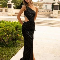 Primavera Couture 3766 One Shoulder Fringe Prom Dress Pageant Gown Cutout Side
