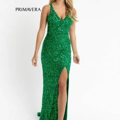 Sequin Dresses Primavera Couture 3768 Prom Dress Sequins Long Crisscross Straps Open Back Slit