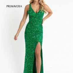 Sequin Dresses Primavera Couture 3768 Prom Dress Sequins Long Crisscross Straps Open Back Slit