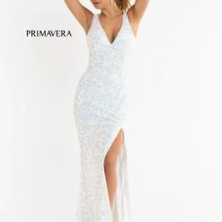 Sequin Dresses Primavera Couture 3768 Prom Dress Sequins Long Crisscross Straps Open Back Slit