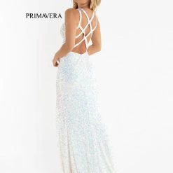 Sequin Dresses Primavera Couture 3768 Prom Dress Sequins Long Crisscross Straps Open Back Slit