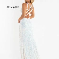 Sequin Dresses Primavera Couture 3768 Prom Dress Sequins Long Crisscross Straps Open Back Slit