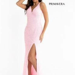 Sequin Dresses Primavera Couture 3768 Prom Dress Sequins Long Crisscross Straps Open Back Slit