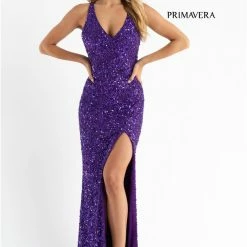Sequin Dresses Primavera Couture 3768 Prom Dress Sequins Long Crisscross Straps Open Back Slit