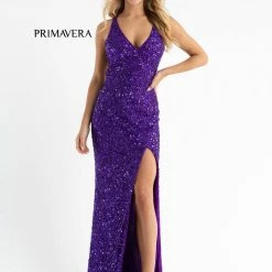 Sequin Dresses Primavera Couture 3768 Prom Dress Sequins Long Crisscross Straps Open Back Slit