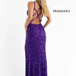 Sequin Dresses Primavera Couture 3768 Prom Dress Sequins Long Crisscross Straps Open Back Slit