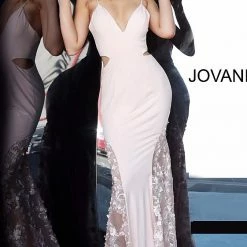 Long Sleeve Dresses Jovani 3770 Long Fitted Prom Dress Sheer Cut Outs V Neck Floral Lace Appliques Gown