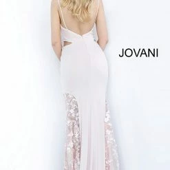 Long Sleeve Dresses Jovani 3770 Long Fitted Prom Dress Sheer Cut Outs V Neck Floral Lace Appliques Gown
