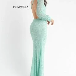Primavera Couture 3771 One Long Cuffed Sleeve Prom Dress Backless Beaded Sequins Backless Dresses