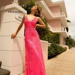 Primavera Couture 3772 3D Floral Maxi Prom Dress Sequins V Neckline Open Back 32 Primavera Couture 3772 3D Floral Maxi Prom Dress Sequins V Neckline Open Back