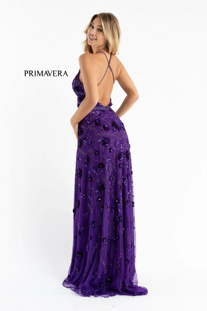 Primavera Couture 3772 3D Floral Maxi Prom Dress Sequins V Neckline Open Back 6 Primavera Couture 3772 3D Floral Maxi Prom Dress Sequins V Neckline Open Back