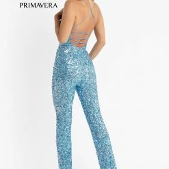Primavera Couture 3774 Sequin Jumpsuit Scoop Neckline Lace Up Tie Back Straight Legs