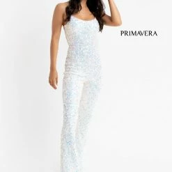 Primavera Couture 3774 Sequin Jumpsuit Scoop Neckline Lace Up Tie Back Straight Legs