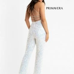Primavera Couture 3774 Sequin Jumpsuit Scoop Neckline Lace Up Tie Back Straight Legs