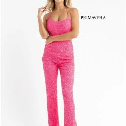 Primavera Couture 3774 Sequin Jumpsuit Scoop Neckline Lace Up Tie Back Straight Legs