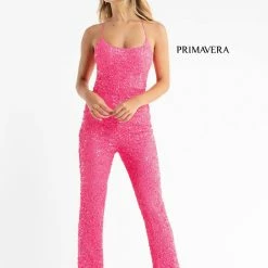 Primavera Couture 3774 Sequin Jumpsuit Scoop Neckline Lace Up Tie Back Straight Legs