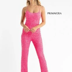 In Stock Primavera Couture 3774 Size 2 Sequin Jumpsuit Neon Pink Scoop Neckline Lace Up Tie Back Straight Legs Backless Dresses