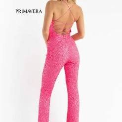 Primavera Couture 3774 Sequin Jumpsuit Scoop Neckline Lace Up Tie Back Straight Legs