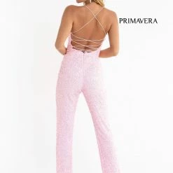In Stock Primavera Couture 3774 Size 2 Sequin Jumpsuit Neon Pink Scoop Neckline Lace Up Tie Back Straight Legs Backless Dresses